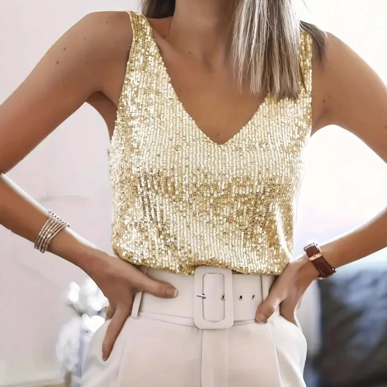 

Chic Street Sequin Knitted Shirt Women Sexy Glitter Solid Sleeveless Hollow Vests Top Female 2025 Summer Fashion Retro Tops