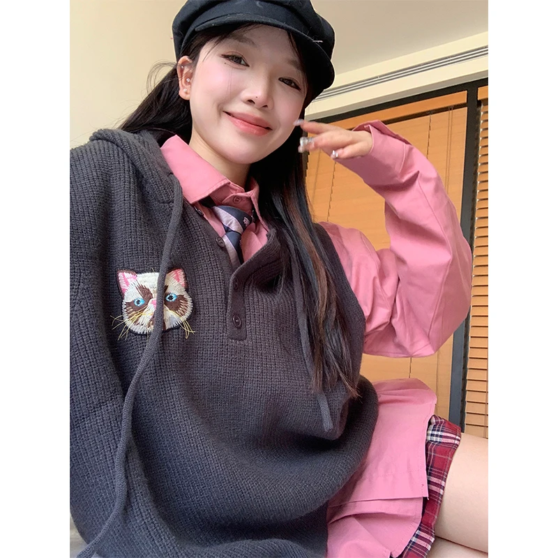 

MEXZT Cartoon Sweater Vest Women Harajuku Hooded Knitted Pullover Waistcoat Kawaii Korean Knitwears Winter Sleeveless Jumpers