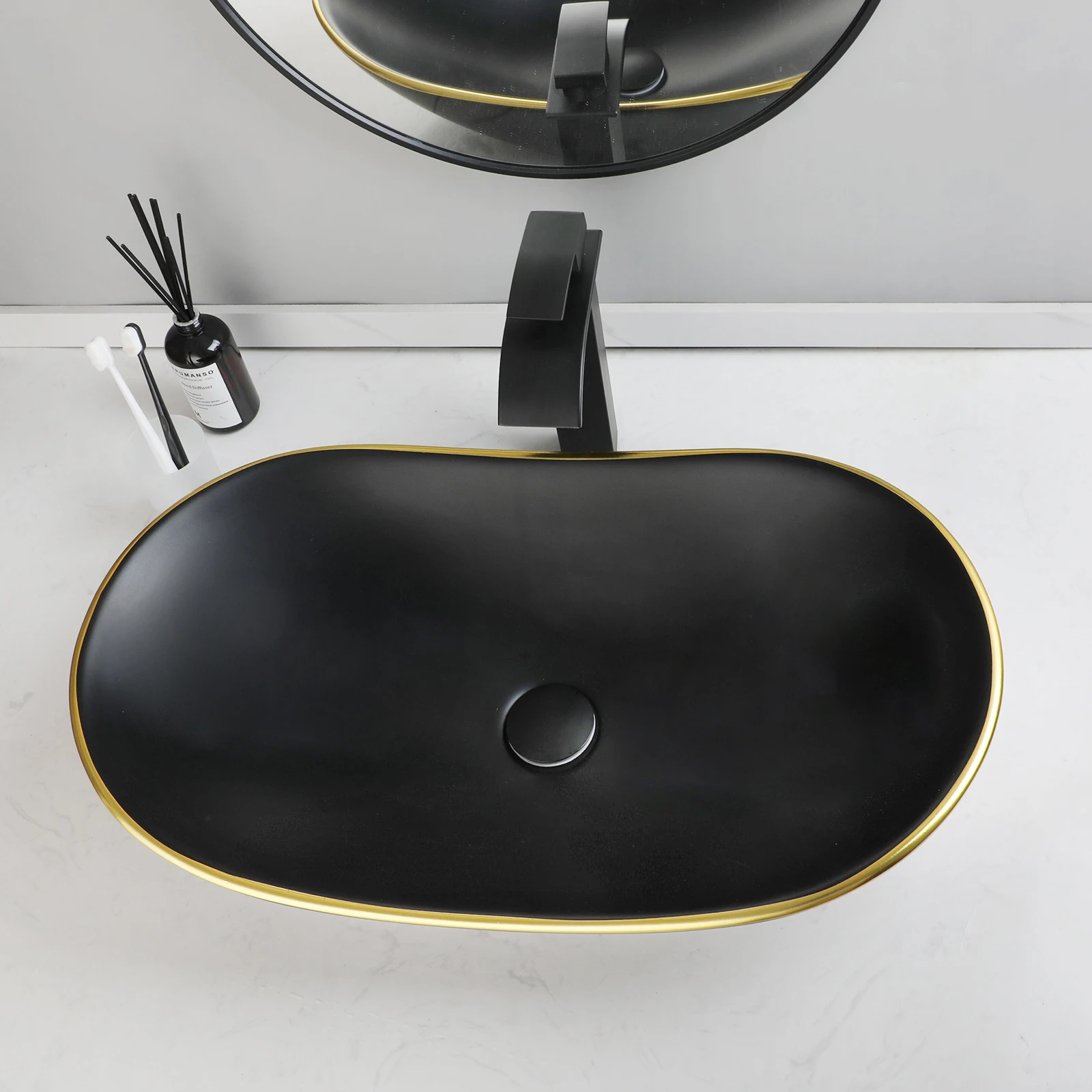 JIENI Bathroom Oval Basin Faucet Set Ship Type Ceramic Counter Top Sink Single Lever Hot Cold Mixer Tap Matte Black Pop Up Drain