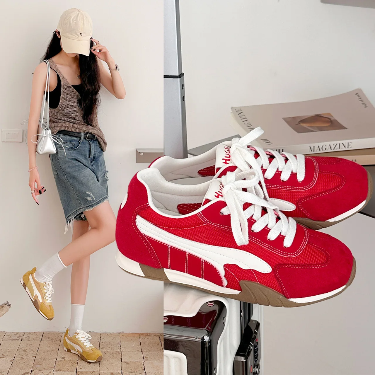 HKDQ Women's Sneakers Round Toe Flat Heel Lace-Up Design Suede-Look Texture Casual Fashion Trendy Daily Sporty Footwear
