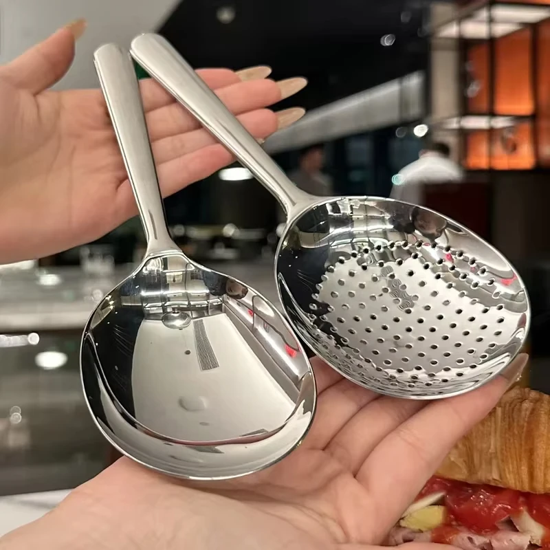 Nouvelle cuillère de service en acier inoxydable pour restaurant, usage public, louche à soupe et riz filtrante, grande taille, ton argenté, ensemble d'ustensiles de cuisine