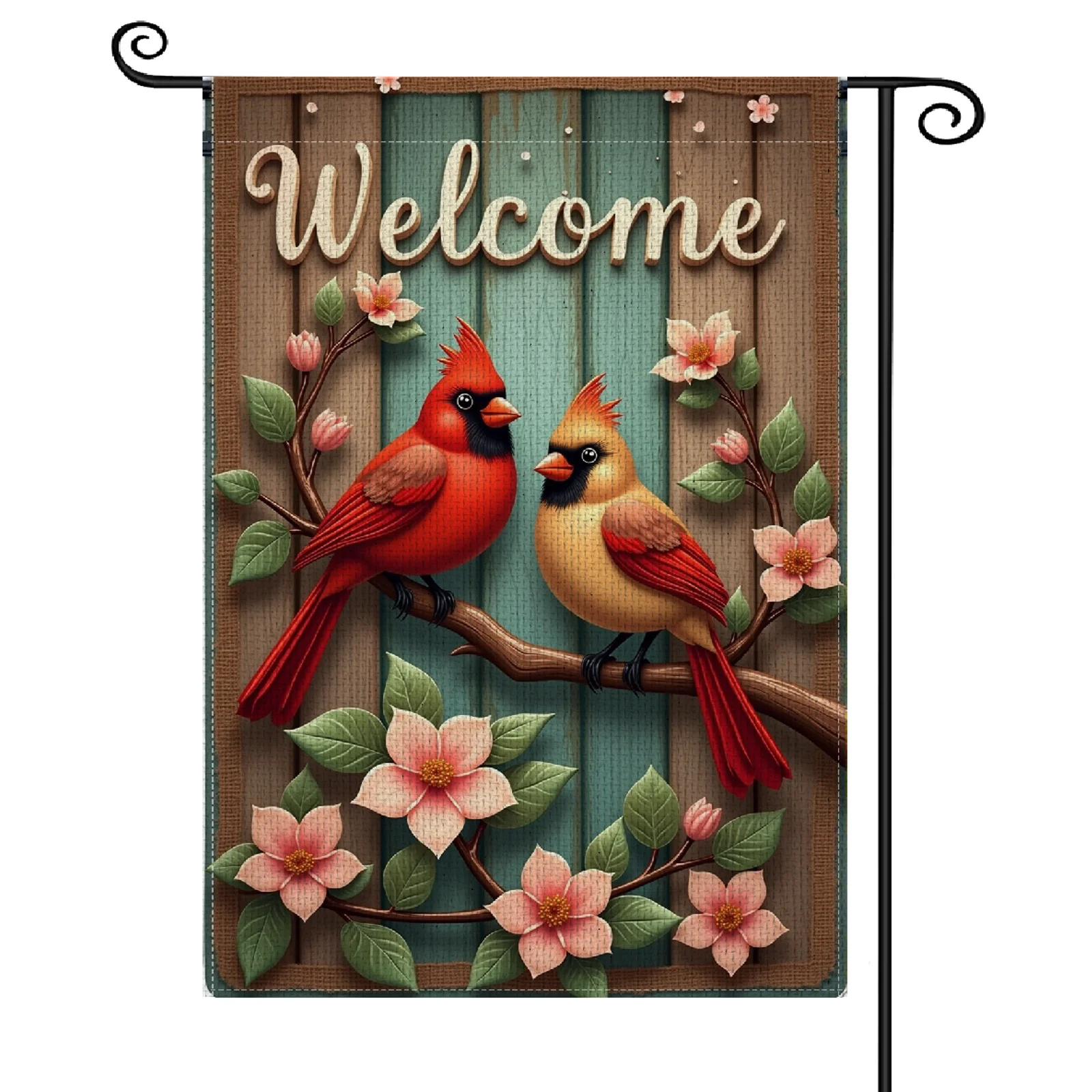 Welcome Garden Flag Cardinal Bird Pattern Outdoor Yard Flag Floral Design Burlap Trim Garden Banner for Front Yard Decor Garden
