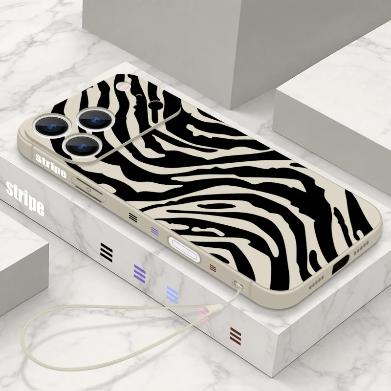Zebra Stripe Patterned Lanyard silicone Phone Case For iPhone 17e 17 16 Pro Max 15 14 13 Pro Max 16e Shockproof Soft TPU Cover
