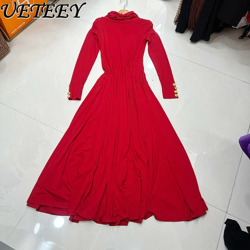 

Metal Decor High Neck Long Sleeve Loose Maxi Dress 2026 Spring New Red Elegant High Waist Slimming Long Dresses for Women