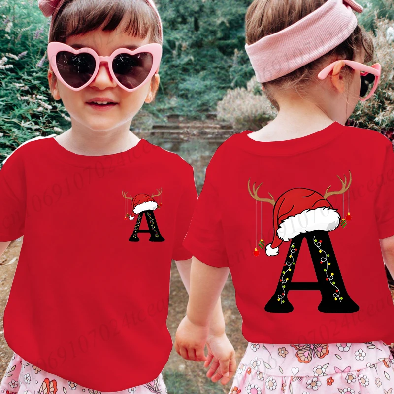 Summer New Kids Tshirts 26 A~Z Christmas Alphabet Printed Cartoon T Shirt for Girls Cotton T Shirt Tees Tops Children Clothes