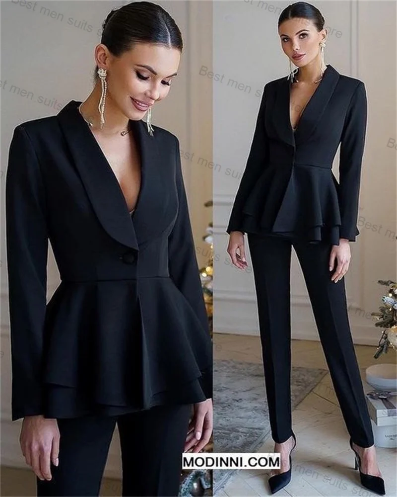 

Black Formal Women Suit Set 2 Piece Blazer+Pants Jacket Ruffles Hem Wedding Tuxedo Sexy V Neck Cotton Prom Coat Custom Made