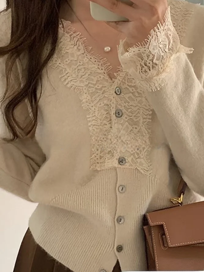 

Ele Korean Sle Long Sve V-Ne Women's Knitwear Slim Fit Base Layer irt Winter Faion Gentle Lace Sweater