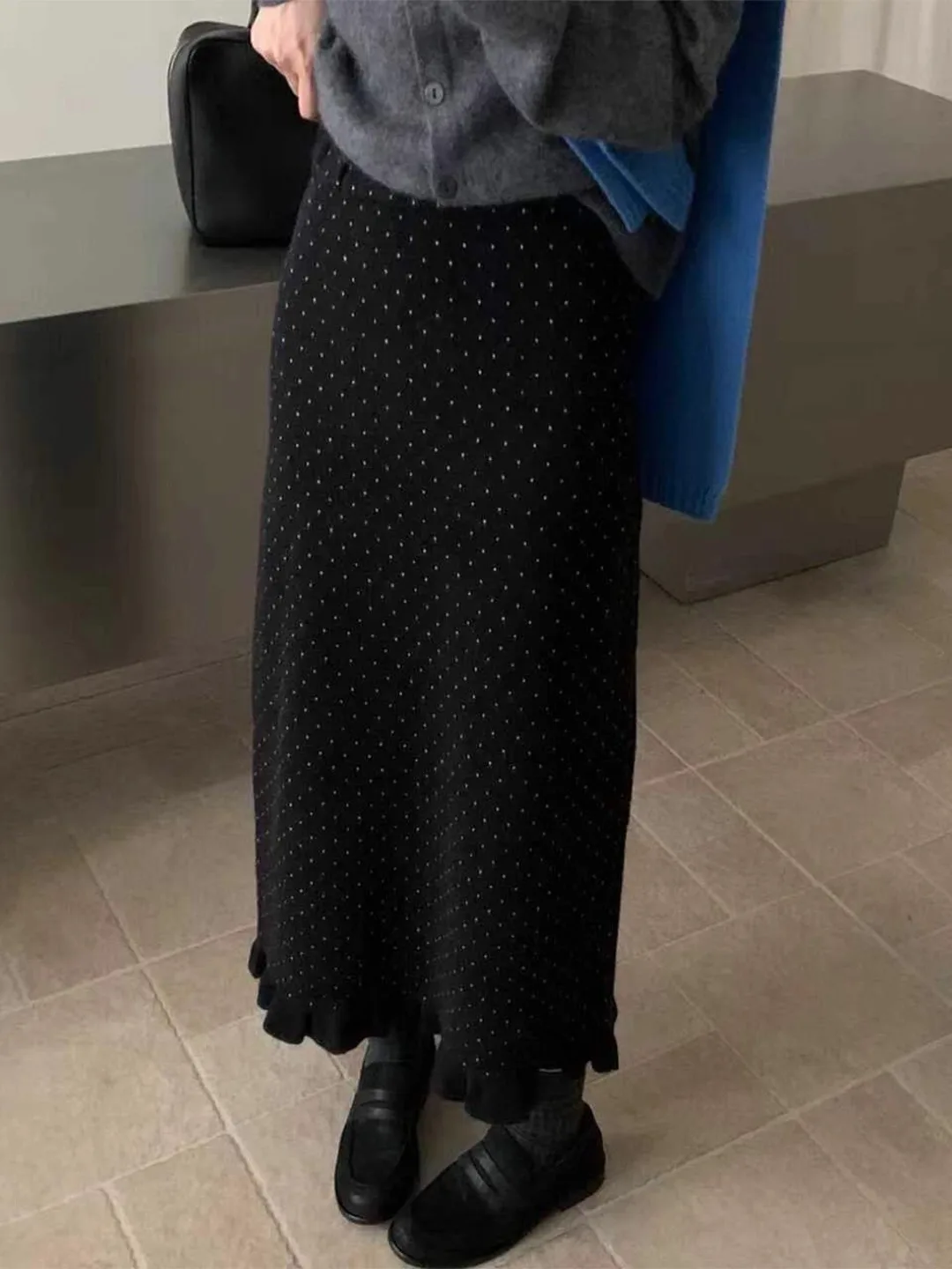Deep Grey Polka Dot Wooden  Knitted Half Skirt Women's Beautiful Spring Autumn  Skirt Wrap Hip High Waist Long Skirt