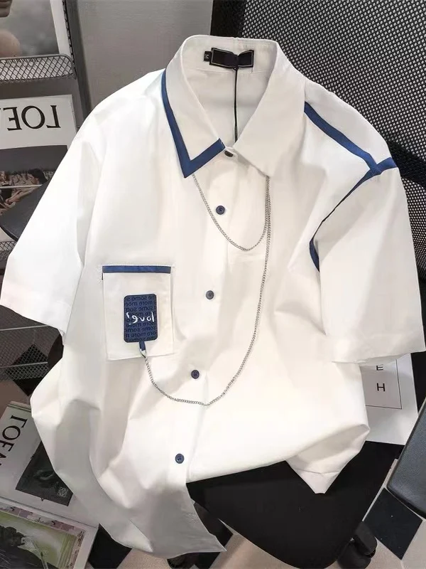 

Chic Loose Women's Shirt Short Sleeve Summer Fashion Korean Style Commute Design Necklaces Accessory Korean Version Casual Top