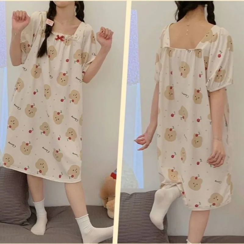 2024 New Fashion Girls Princess Style Nightgowns Female Summer Sweet Short-sleeved Pajamas Casual Loose Home Clothes Sleepshirts