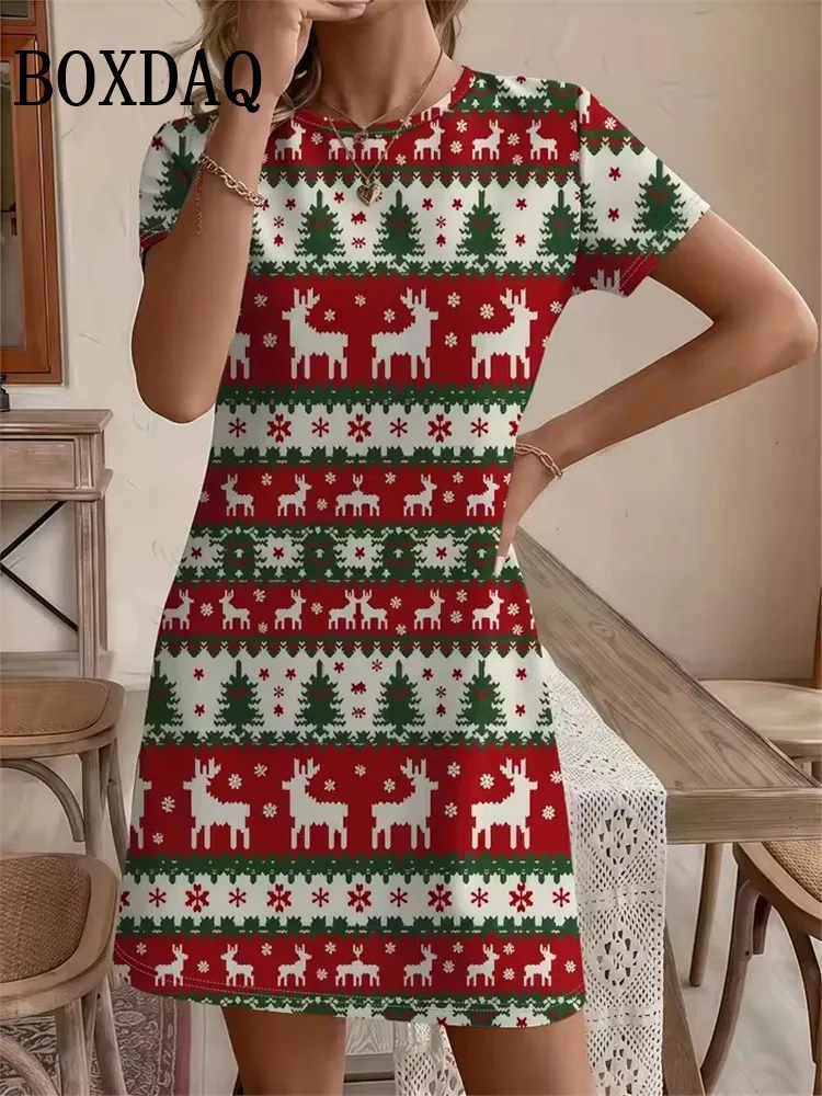 Christmas Pattern Printing Women Dress Summer New Short Sleeve O-Neck Loose A-Line Dress For Women Sweet Cute Cartoon Mini Dress
