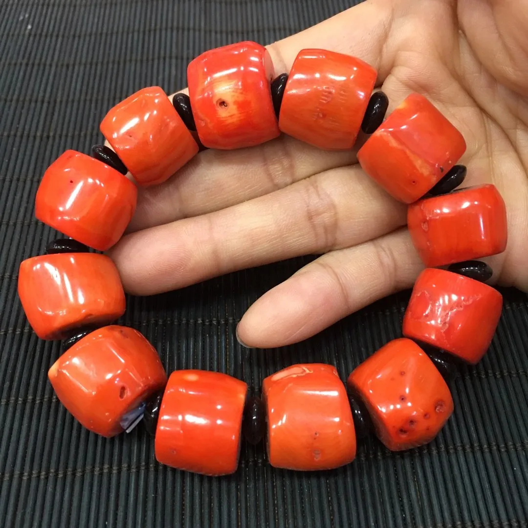 

Genuine Natural Red Coral Bracelet Men Women Fine Jewelry Accessories Deep Sea Precious Real Coral Barrel Beads Bracelets Bangle