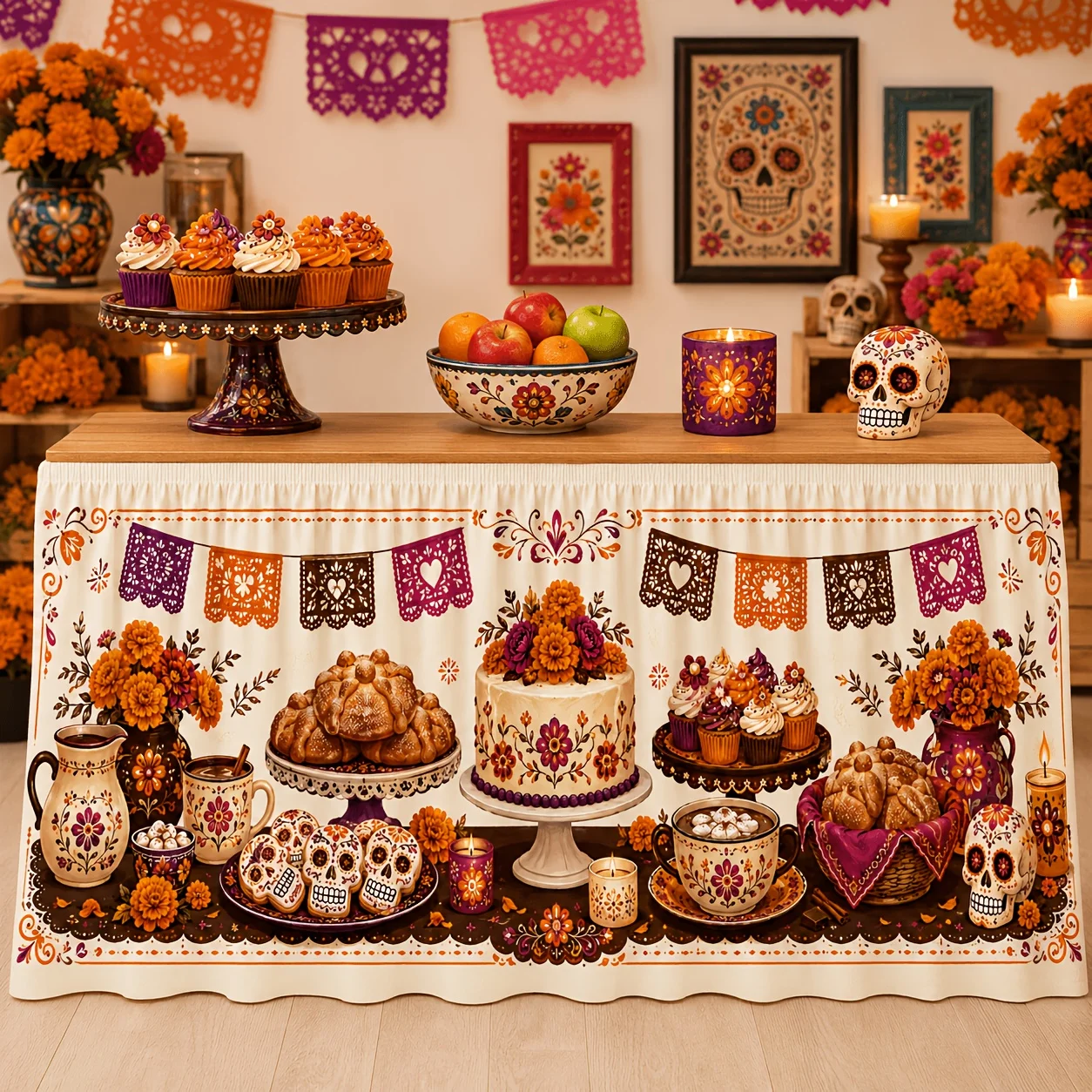 One tablecloth and table skirt, coating: Pan De Muerto (Deadly Festival) cake, sugar skull cookieszyc