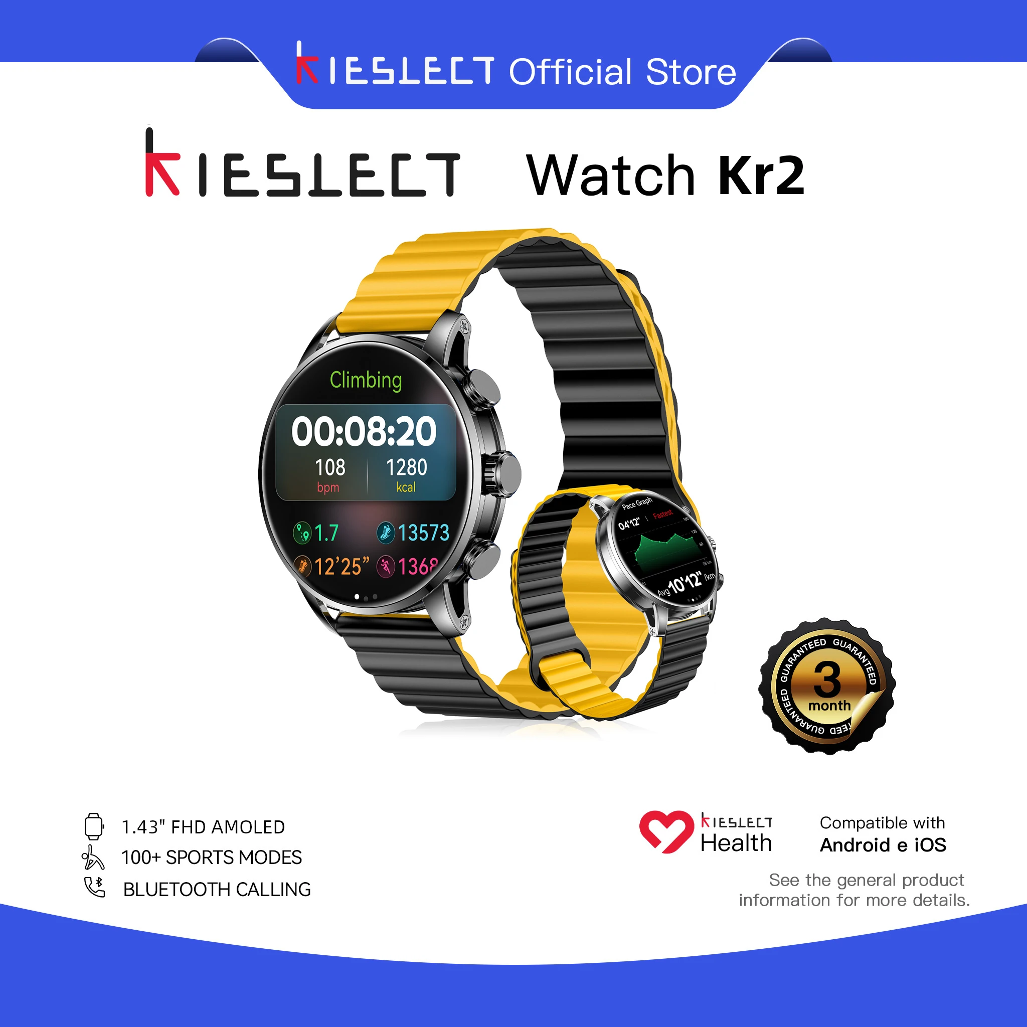 

Kieslect Smart Calling Kr2 Watch 1.43" FHD AMOLED Display with AOD Dual Core Triple Speed 2.5D GPU Super Dynamic Watch