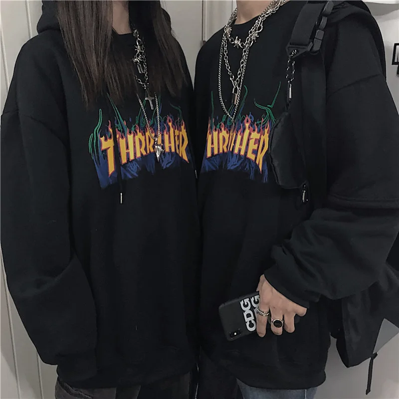 Свитер унисекс Корейская версия Instagram темные парные свободные свитера с капюшоном свитера с принтом пламени Y2k одежда пуловер женский