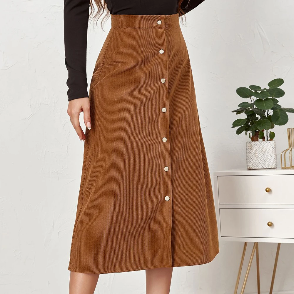 FairyShely Vintage Corduroy Knee Skirt For Women 2025 Autumn Winter Warm Knee High Waist Black Skirts Female Button