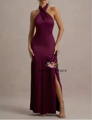Customized Blue Floor-Length Satin Evening Dress Halter Sleeveless Prom Dress 2025 Pleated A-line Party Dress