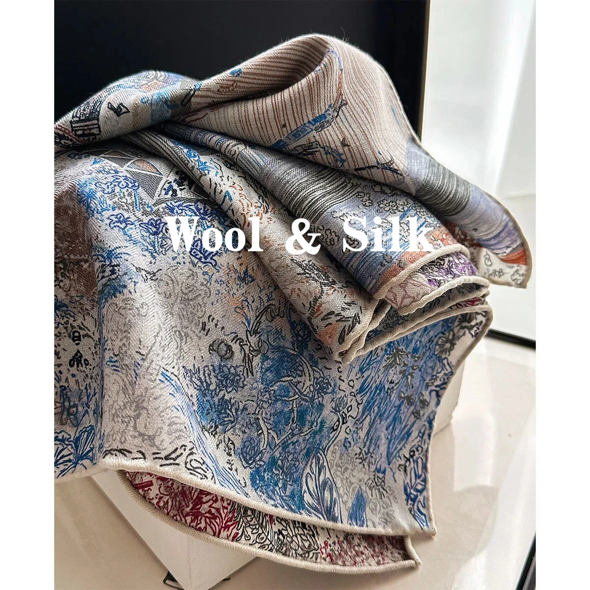 

82% Wool 18% Silk Square Scarves for Men Women Autumn Spring Luxury Brand Art Style Silk Wool Scarf Neck Warmer Accessories