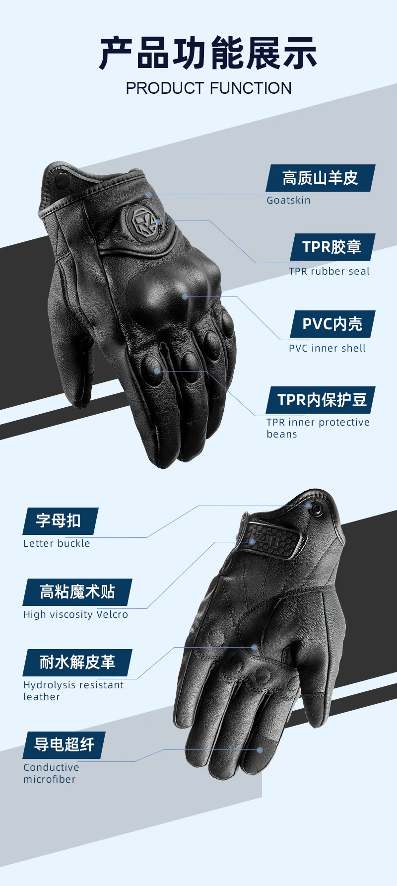 ORZ Motorrad-Reithandschuhe, Ziegenleder, Vollfinger-Handschuhe, Handschuhe für Motorräder, Handschuhe – Detail 2
