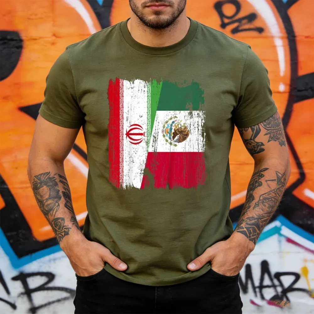 

Футболка унисекс с полупринтом флагов Ирана и Мексики, летняя, повседневная, хлопковая, с коротким рукавом, культурный патриотический подарок