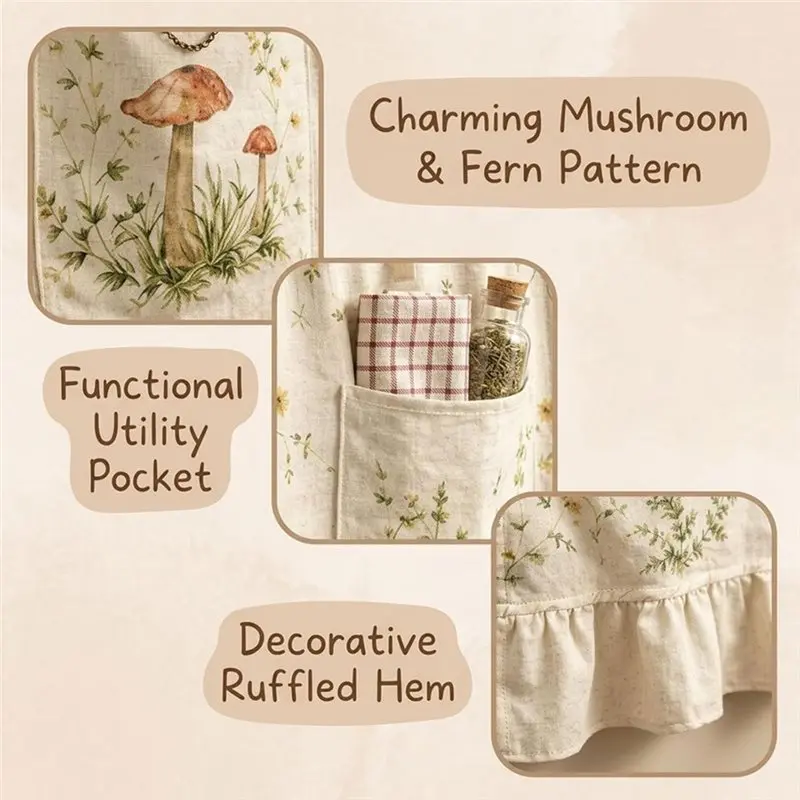 ABVS Decorative Oven Skirt Curtain With Mushroom Pattern, Heat-Resistant Design For Oven For Doors Including Pockets, 60X45 Cm