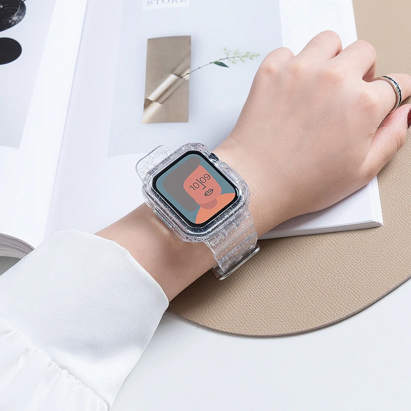 Glitter Band e Case para Apple Watch, Clear Candy Woman Bracelet, Acessórios iWatch, Série 8, 7, 6, SE, 5, 4, 3, 41mm, 45mm, 42, 38, 44, 40