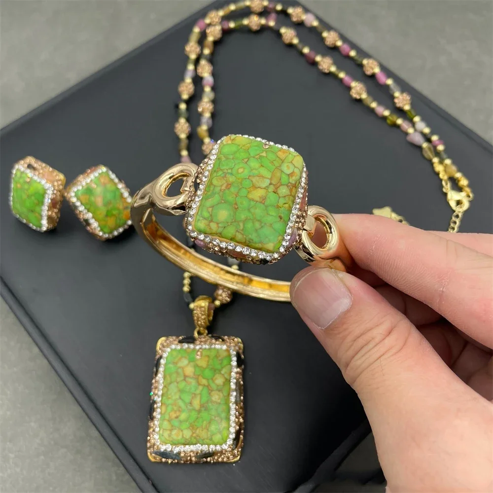 Raw Green Tourquoise Tourmaline Crystal Sets Handmade Beaded Clay Rhinestone Bracelets Necklace Earrings for Women's Jewelry