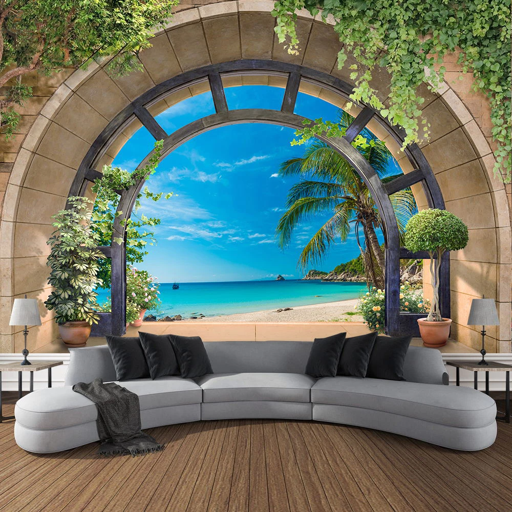 Sea Beach Scenery Wall Hanging Tapestry Mountain Cave Sea View Arch Window Bedroom Living Room Home Decoration Dorm Tapestry