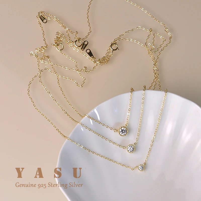 Yasu Free Shipping 925 Sterling Silver French Small Diamond Pendant 18k Gold Plated Necklace Women Shiny Clavicle Chain Jewelry