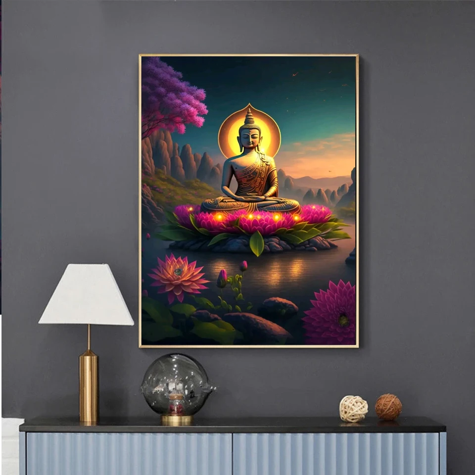 5D Diamond Embroidery Lotus Buddha Statue Flowers Diamond Painting DIY Full Square Round Mosaic Art Creative Hobbies Decor Gift