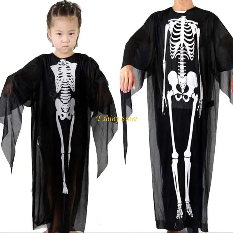 N58F Frontknochen Skelett gedrucktes Robenkleid für Erwachsene Kinder Karnevalsparty Cosplay Cloak