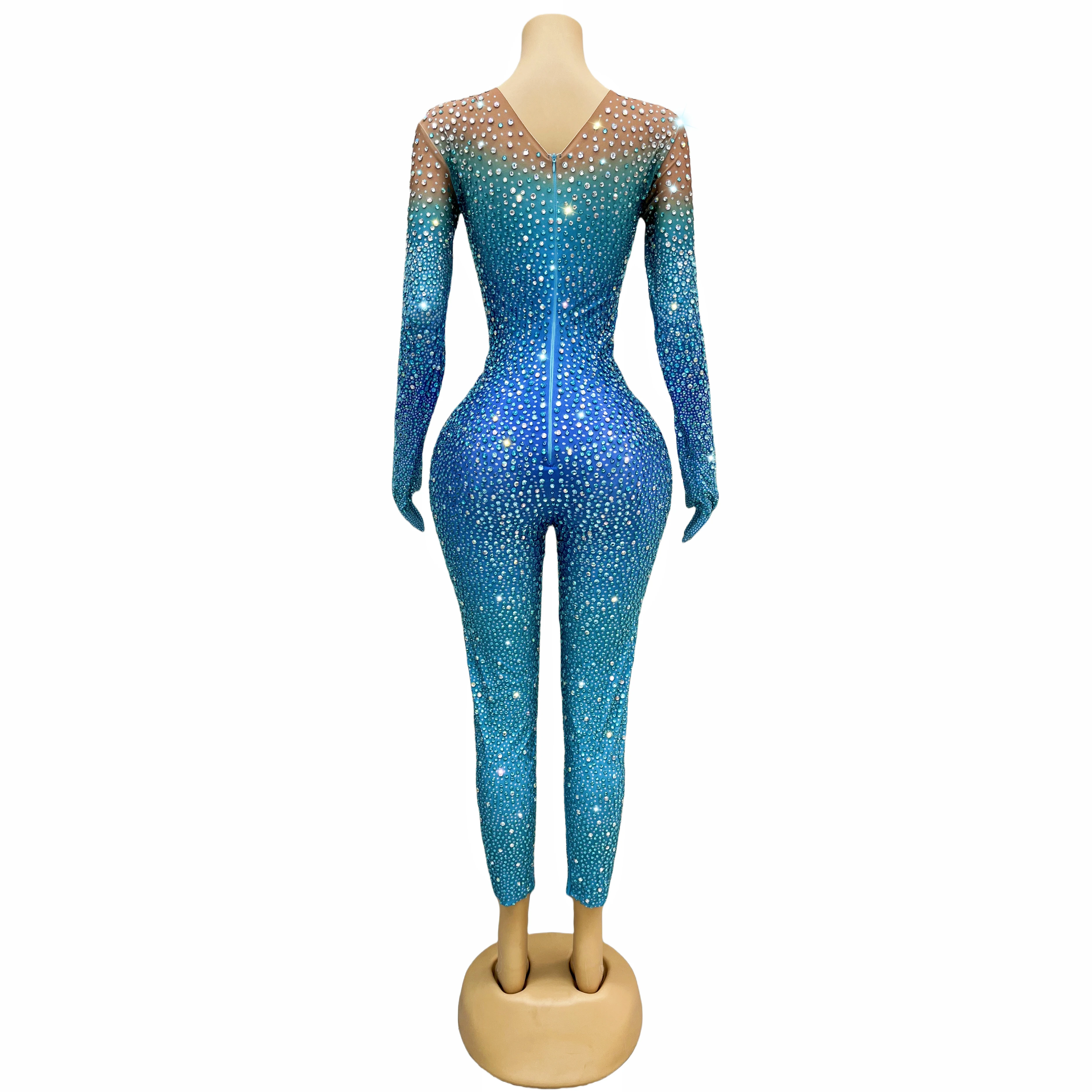 Shining Stage Costume Full Rhinestones Long Sleeves Gloves Jumpsuit Evening Fashion Show Outfit Women Dance Bodysuit Lanlonglin