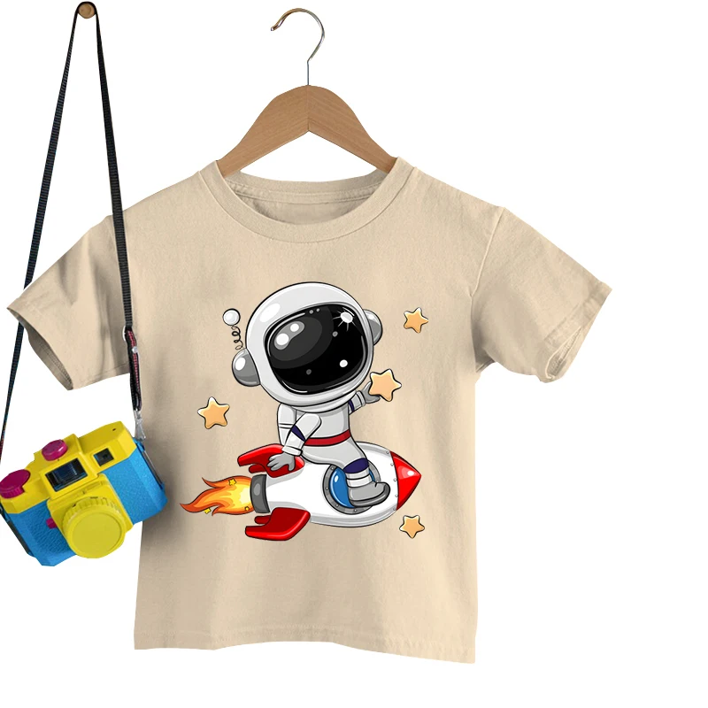 

Funny Astronaut Rocket Print T-shirts Summer Casual Short Sleeves Round Neck Tops Girls Boys Children Astronaut Print Tee Shirts