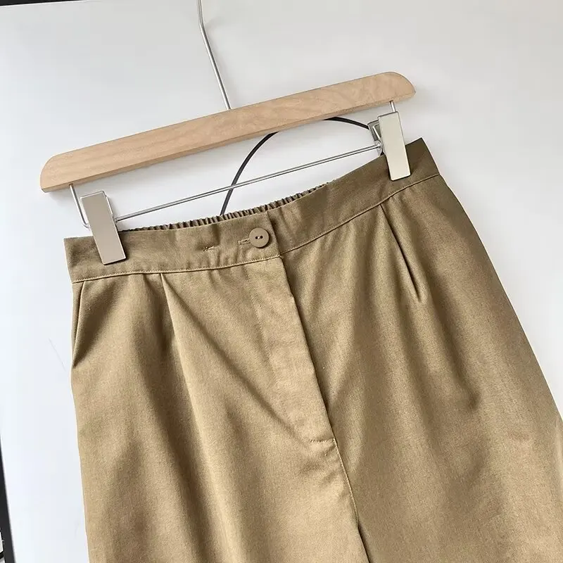 Tangada 2024 Women Khaki Cotton Linen Pants Trousers Pocket Female Suit Pants 6D060