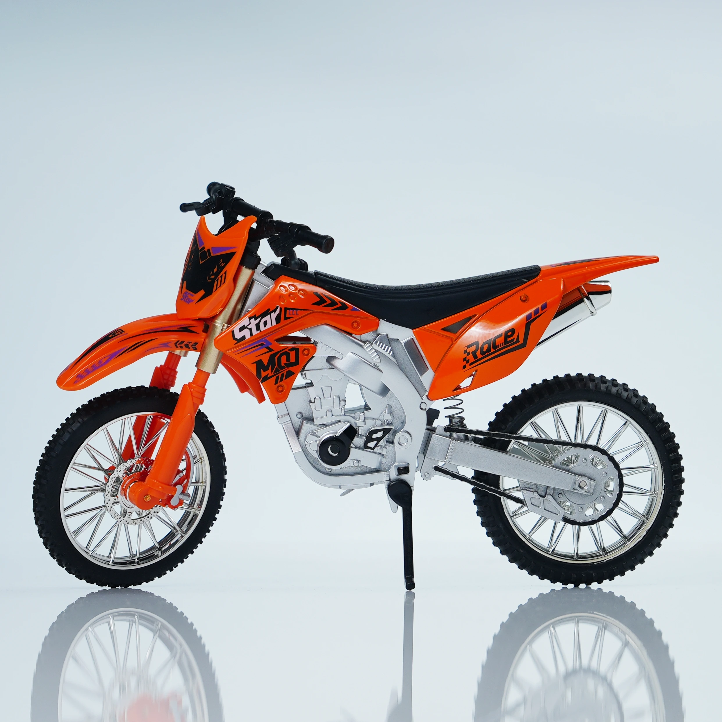 Motocicleta off-road em escala 1:10, verde e laranja, modelo de veículo fundido pré-construído, adequado para regalar ou coletar.