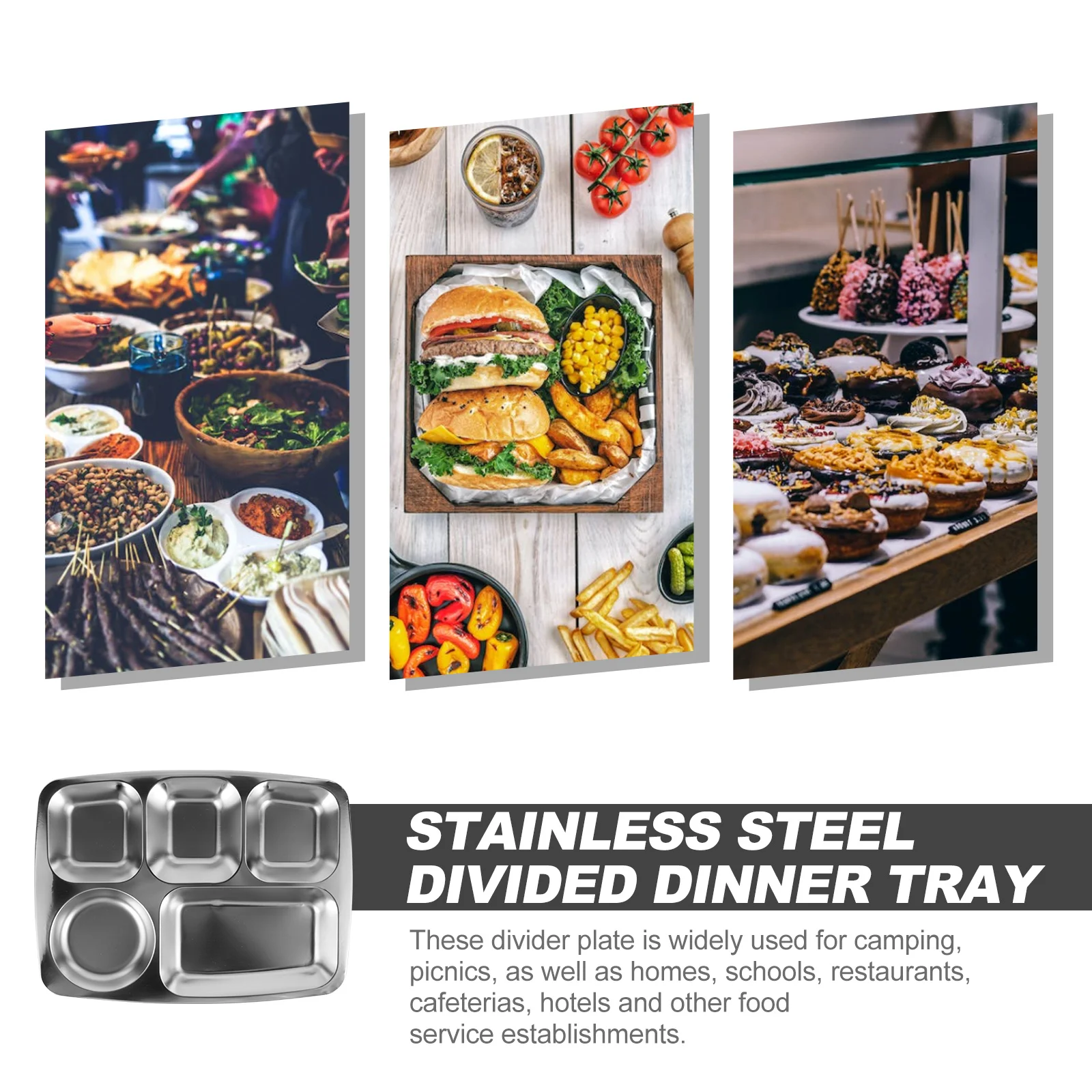 

Stainless Steel Divided Food Tray 5-Compartment Meal Plate School Restaurant Dish Soup Sauce Storage Reusable