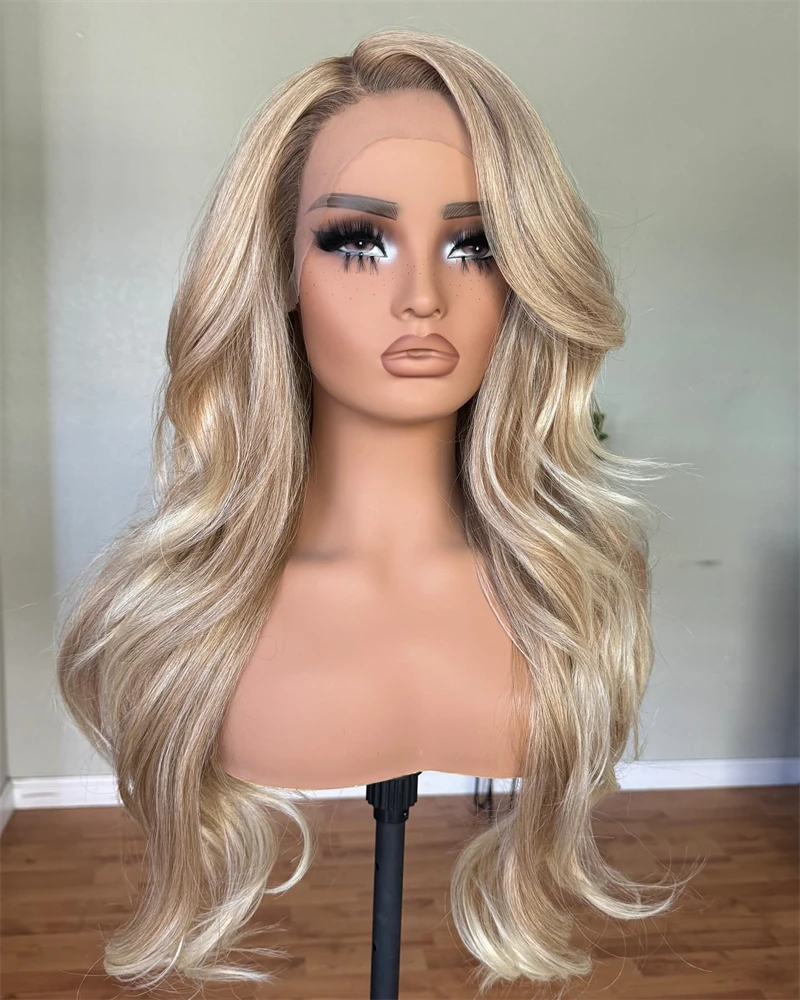 Side Middle Parting Synthetic Lace Front Wigs for Women Honey Blonde Golden Highlights Colored Long Lace Wigs Wavy High Density