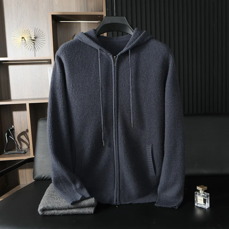 2025 High-End Men's 100% Pure Cashmere Cardigan Hooded Zipper Sweater Autumn Winter New Simple Casual Versatile Warm Coat