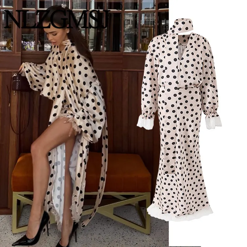 

Nlzgmsj 2026 Women Polka Dot Two Piece Set Long Sleeve Lace Trim Blouse And Mermaid Maxi Skirt Elegant Party Matching Outfit