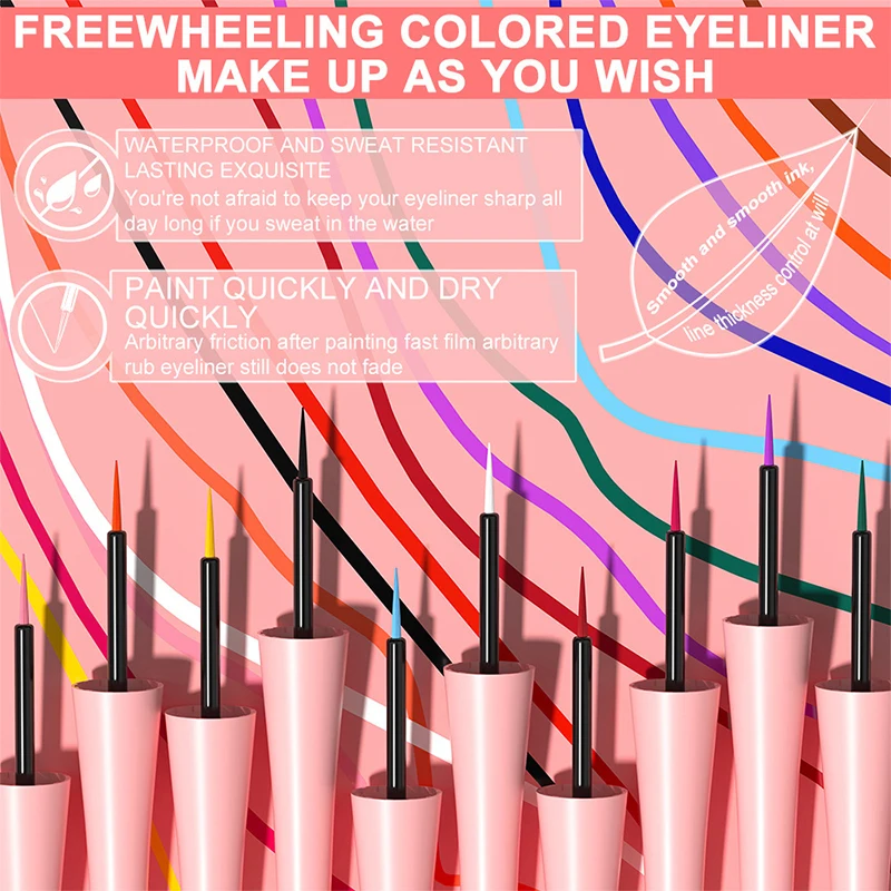 Pena Eye Liner cair tahan lama, kosmetik pensil Eyeliner cair cepat kering 18 warna putih merah warna-warni