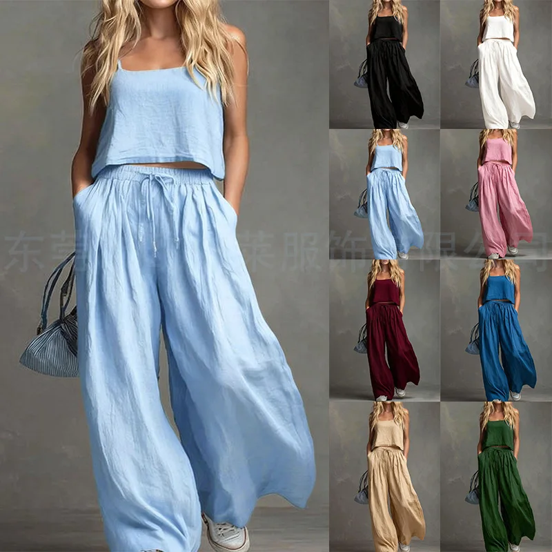 

Women's Set 2026 New Beauty New Solid Color Casual Cotton and Hemp Strap Top Wide Leg Pants Set