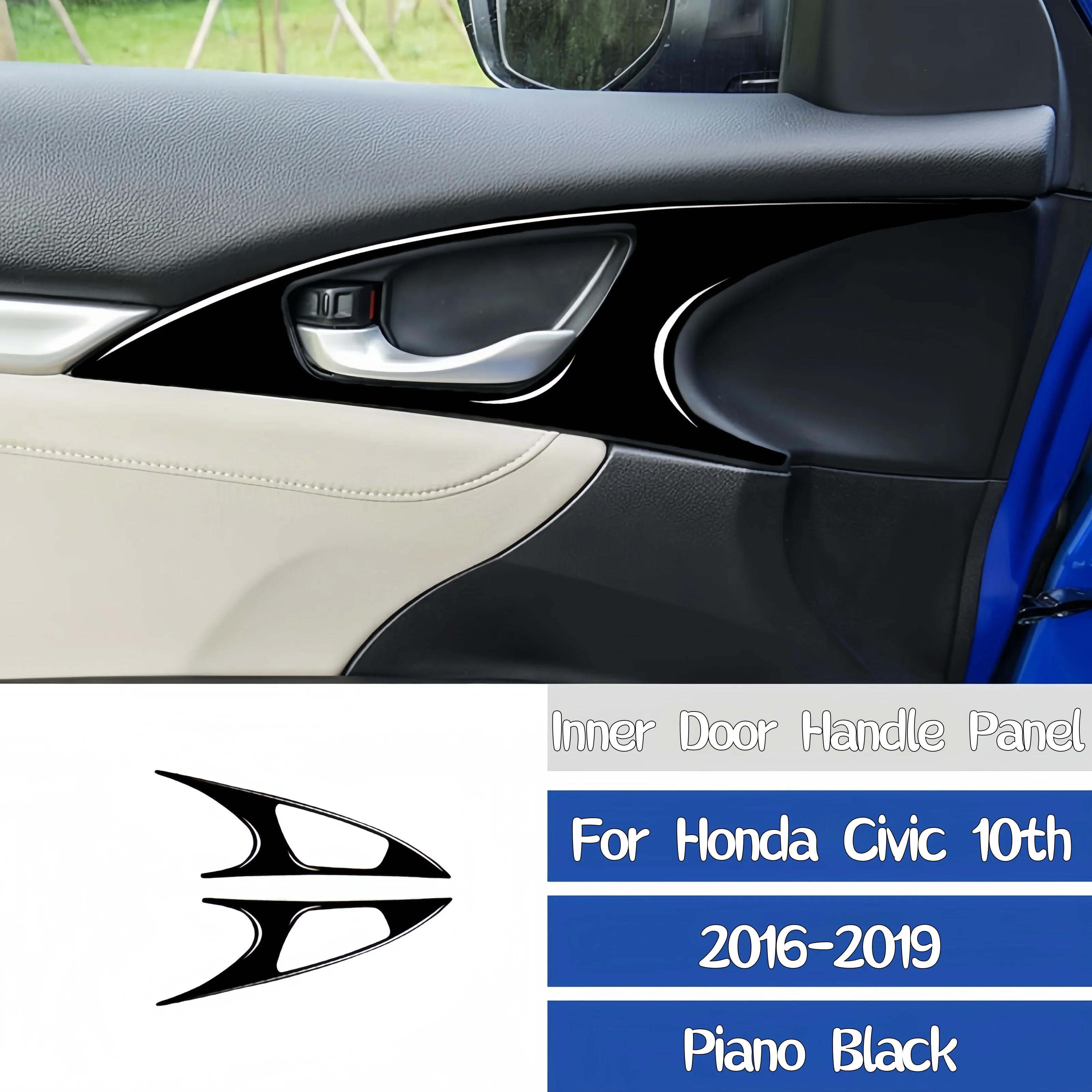 For Honda Civic 10th Gen 2016-2019 Piano Black Interior Car Inner Door Handle Panel Decoration Cover Trim Sticker Accessories