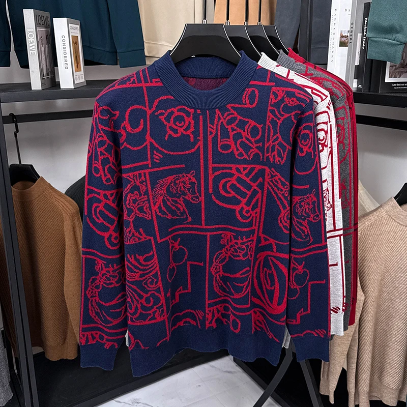 Light luxury brand men'sknitted warm sweater autumn winter fashion personalized graffiti design youth casual round neck pullover