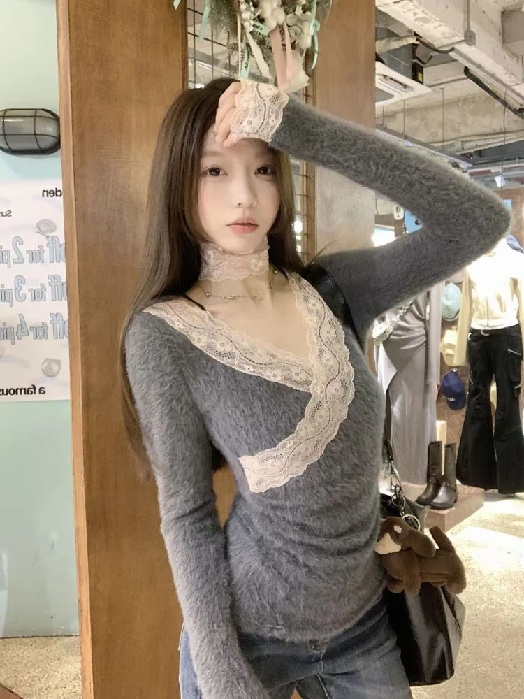 

Y2k Lace Patchwork V Neck Pullover Women 2025 New Sexy Sweet Slim Fit Long Sleeve Knitwear Fairycore Fashion Short Tops