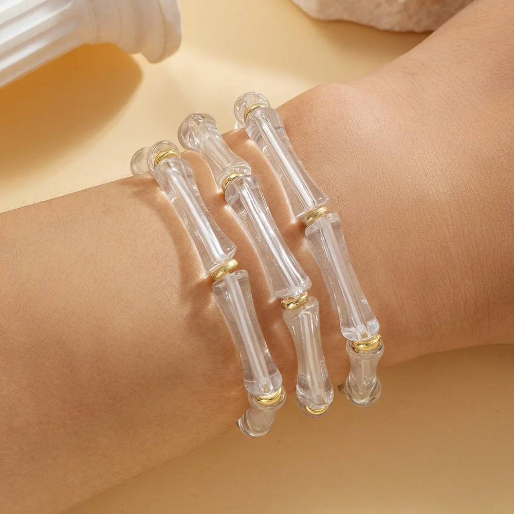 3pcs Set Personality Fashion White Bamboo Joint Style Bead Elastic Bracelets for Women Exquisite Banquet Stackable Jewelry Sets