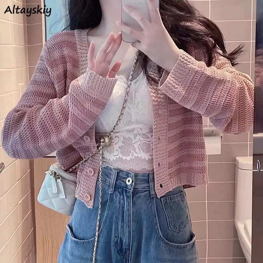 

Cropped Cardigans Women Striped Chic Hollow Out Designed Sweet Spring All-match Leisure Slim Fashionable Holiday Sunscreen