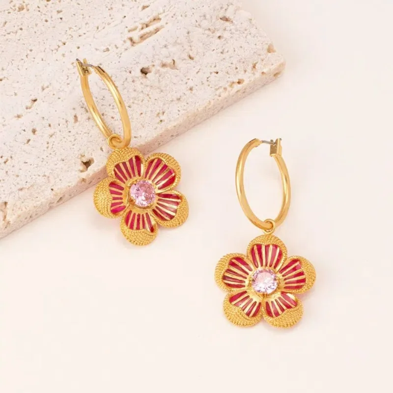 New European and American Brass Retro Geometric Earrings, Elegant French Inlaid Zircon Enamel Flower Two-wear Earrings for Women