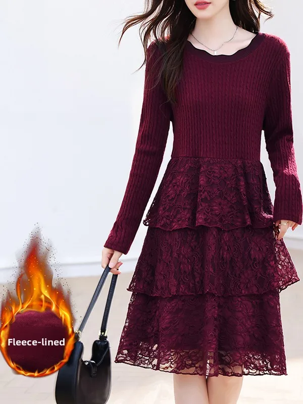 冬の新作プラスサイズニットレーススプライシングスリムケーキドレス女性用ハイウエストカジュアルスリーブ丸首ドレス