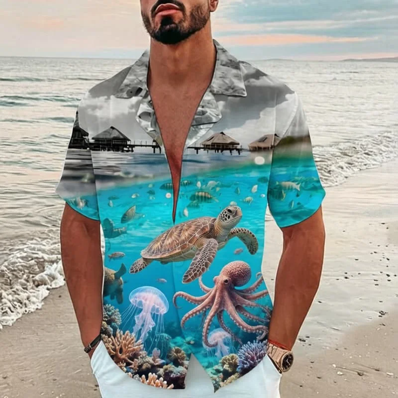 

Fantasy Vacation Ocean Creature Print Short Sleeve Shirt Stylish Relaxed Casual Outfit Wear For Summer Beach And Vacation Looks
