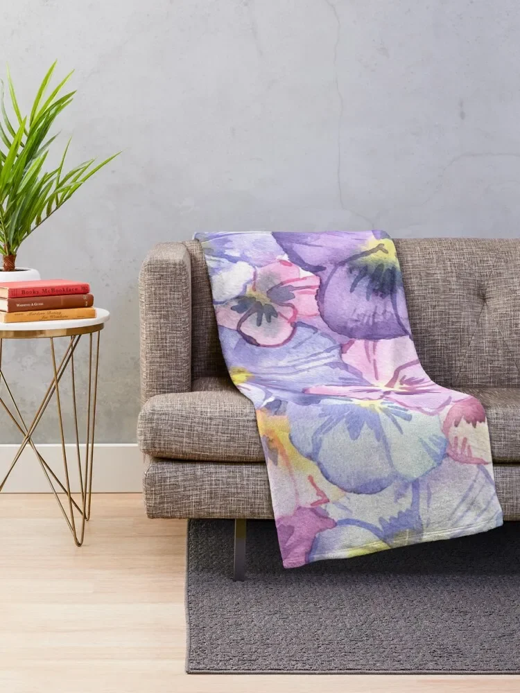 Watercolor Pansy Flowers Throw Blanket warm for winter Luxury Blankets